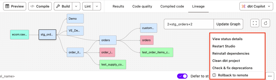Access the Studio IDE options menu