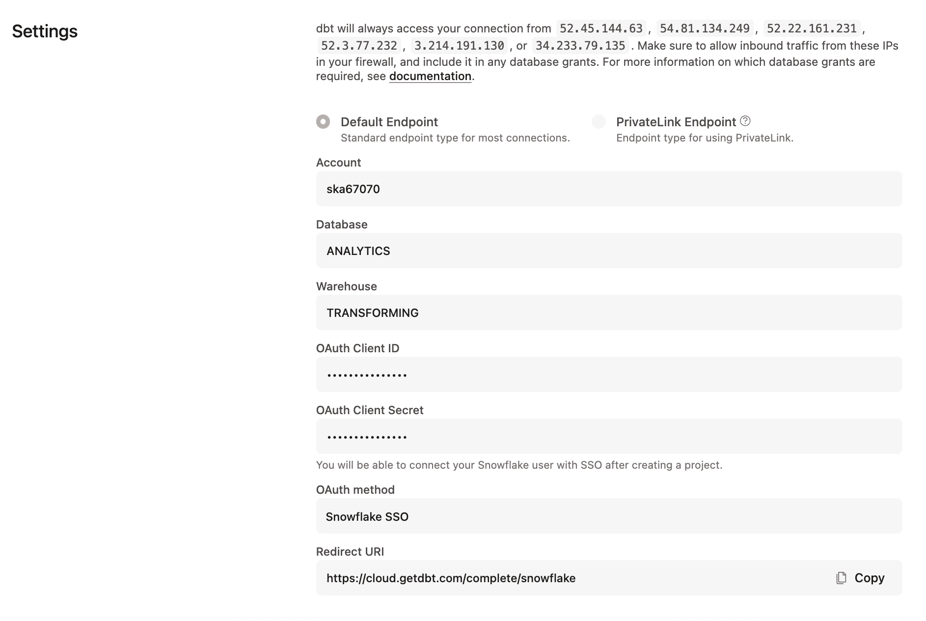 Configuring Snowflake OAuth credentials in dbt