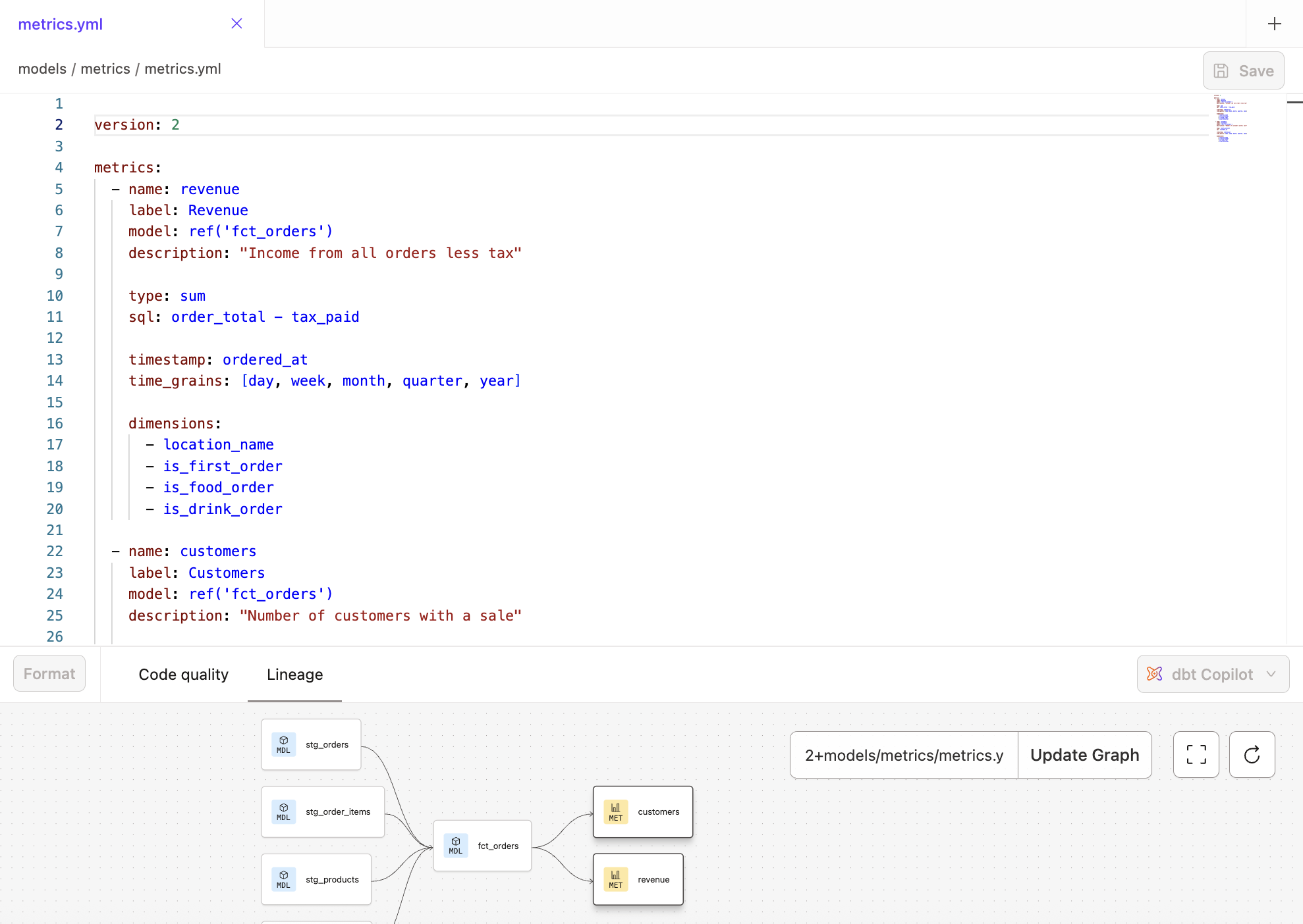 Validate your metrics using the Lineage tab in the IDE.